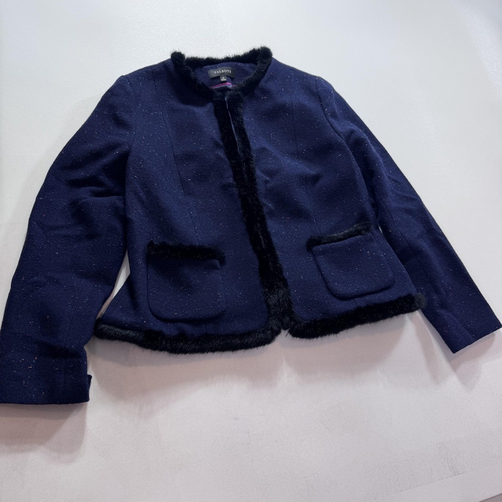 Talbots Jacket Womens 12 Blue Wool Tweed Faux Fur Trim Collarless Lined Short